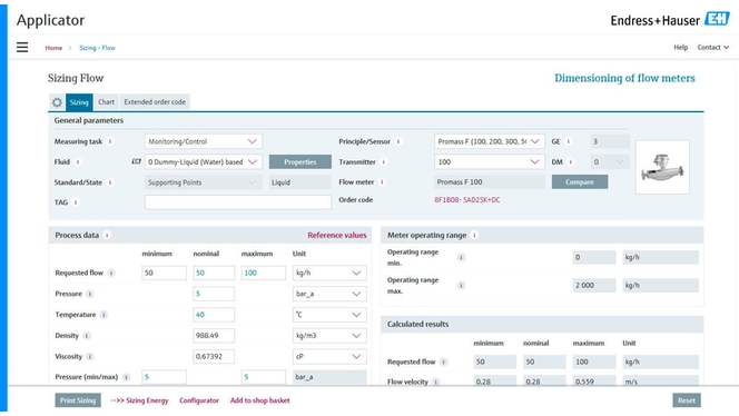 Screenshot of the Applicator for instrument sizing.